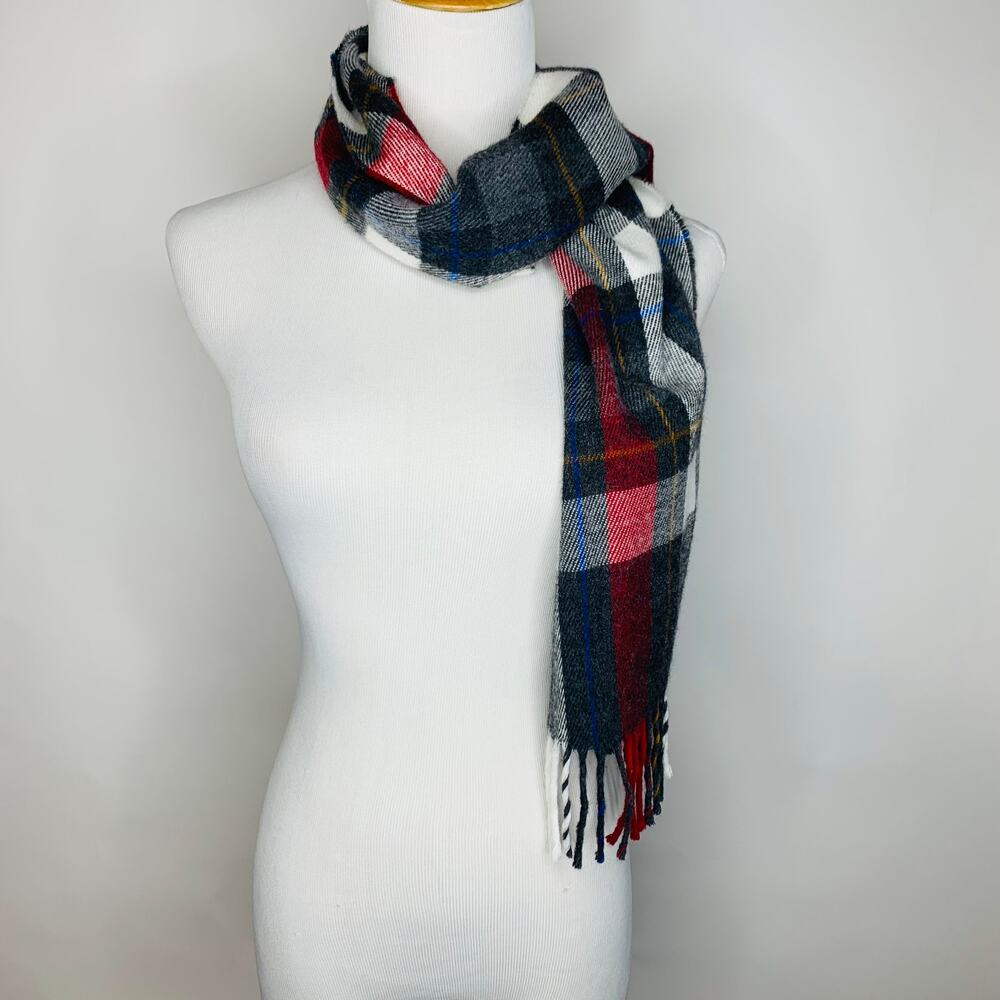 Gray Red Blue White Gold Plaid Wool ? Acrylic Scarf Fringe